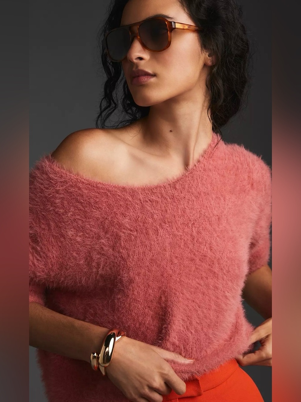 Pilcro Eyelash Off-the-Shoulder Sweater in Coral Rose